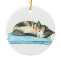 Sleeping Calico Kitten Christmas Ornament