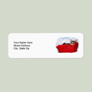 Sleeping Kitten In Bright Red Basket, return address label