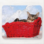 Sleeping Kitten In Bright Red Basket Mouse Pads