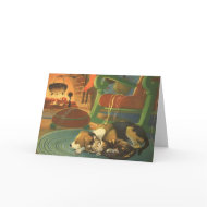 Sleeping Pets on Christmas Eve; Dog, Cat and Mouse card