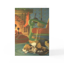 Sleeping Pets on Christmas Eve; Dog, Cat and Mouse Greeting Cards