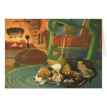 Sleeping Pets on Christmas Eve; Dog, Cat and Mouse Greeting Cards