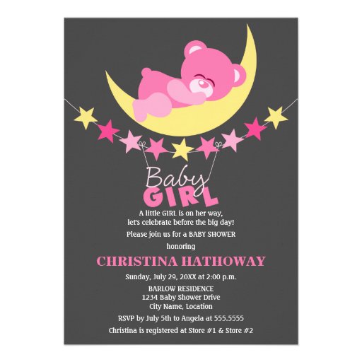 Sleeping Pink Girl Teddy Bear on Moon Baby Shower Invites