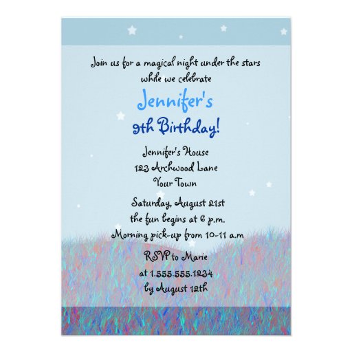 Sleepover Under the Stars Birthday Party - Blue Announcement (front side)