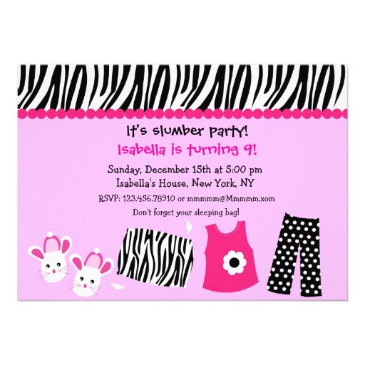 Sleepover Zebra Print Birthday Party Invitations (front side)