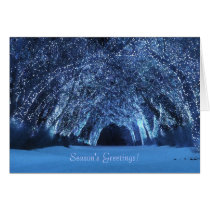 blue christmas, holiday, wolves, aurora, christmas lights, lit trees, snow, Card with custom graphic design