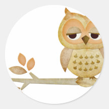 Sleepy Owl in Tree Round Stickers