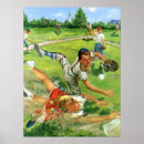 Sliding Into Home Print - Vintage illustration children and babies image with a little league baseball player sliding safely into home base.