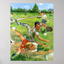 Sliding Into Home Print - Vintage illustration children and babies image with a little league baseball player sliding safely into home base.