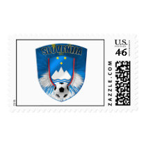 Slovenija shield emblem in light blue explosion postage stamp