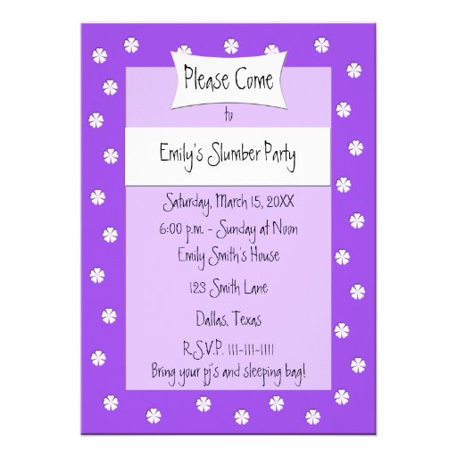 Slumber Party Invitation -- Cute Purple Bed (front side)