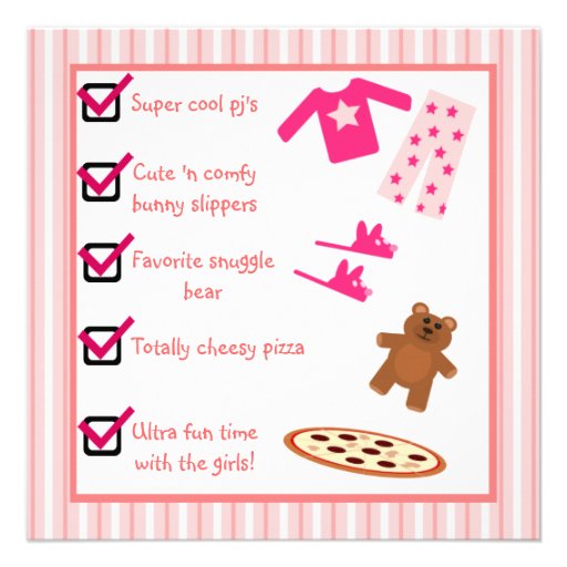 Slumber Party Pajamas Slippers Checklist Personalized Invites (front side)