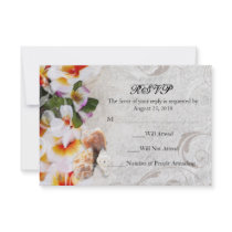 Sm Plumeria Orchid Lei in Sand Beach Wedding RSVP Custom Invitation