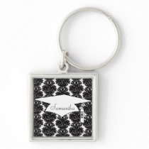 small flourish black white damask design key chain