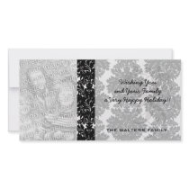 small flourish black white damask design customized photo card