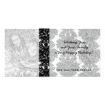 small flourish black white damask design customized photo card