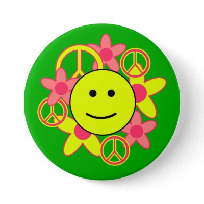 This attractive button badge is perfect for the person that loves the 60s! It features a smiley face, peace signs, and flowers!