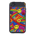 Smiley Face Rainbow and Flower Hippy Pattern Cover For iPhone 4