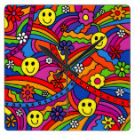 Smiley Face Rainbow and Flower Hippy Pattern Wall Clocks