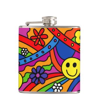 Smiley Face Rainbow and Flower Hippy Pattern Flask
