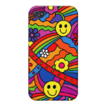 Smiley Face Rainbow and Flower Hippy Pattern iPhone 4 Cases