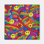 Smiley Face Rainbow and Flower Hippy Pattern Refrigerator Magnet