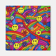Smiley Face Rainbow and Flower Hippy Pattern Refrigerator Magnet