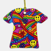Smiley Face Rainbow and Flower Hippy Pattern Christmas Tree Ornament