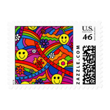 Smiley Face Rainbow and Flower Hippy Pattern Stamp