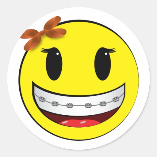 Smiley face with braces girl classic round sticker Zazzle