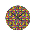 Smiley Faces Retro Hippy Pattern Round Wallclocks