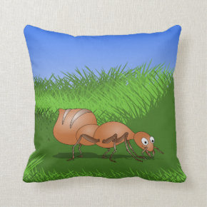 Smiling brown ant in lush green meadow throw pillow