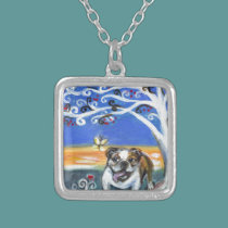 smiling English Bulldog butterfly tree painting necklaces