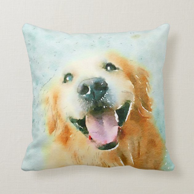 Smiling Golden Retriever in Watercolor Throw Pillows