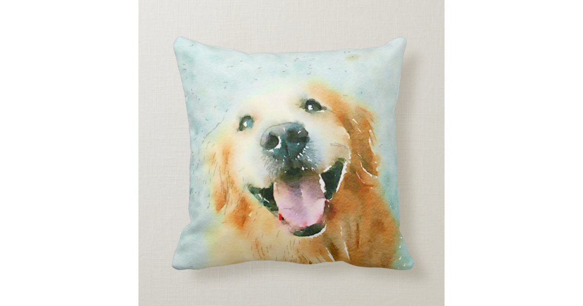 Smiling Golden Retriever In Watercolor Throw Pillows