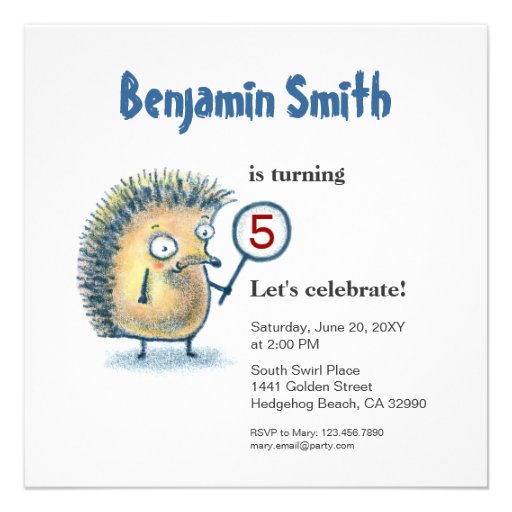 Smiling Hedgehog Personalized Kids Birthday Invite