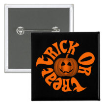 Smiling Jack O Lantern surrounded by Trick or Trea Button