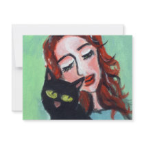 Smiling Redhead w black cat invitations by zadajeanne Smiling Redhead w black cat invitations