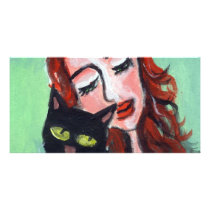 Smiling Redhead w black cat Picture Card