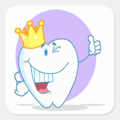 Smiling Tooth Cartoon Character With Golden Crown Square Sticker | Zazzle