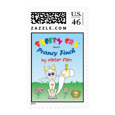 Snerfy Cat Meets Prancy Finch Postage at Zazzle -- Click here for a larger image