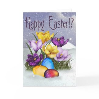 Half a dozen crocuses pushing through the snow, and three colorful Easter eggs trying to shine through the falling snowflakes. If this is another year when mother nature just doesn´t realize it´s supposed to be Springtime at Easter, and instead of sunshine you have snowstorms where you live - this is the perfect Easter card to take it all with a smile! Customize with your own text. 