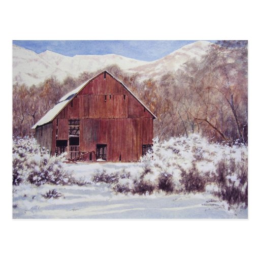Snow Barn in the Mountains- postcard