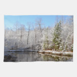Snow covered landscape around the pond hand towels
