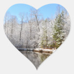 Snow covered landscape around the pond heart sticker