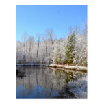 Snow covered landscape around the pond postcard