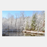 Snow covered landscape around the pond rectangular sticker