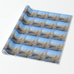 Snow covered landscape around the pond wrapping paper