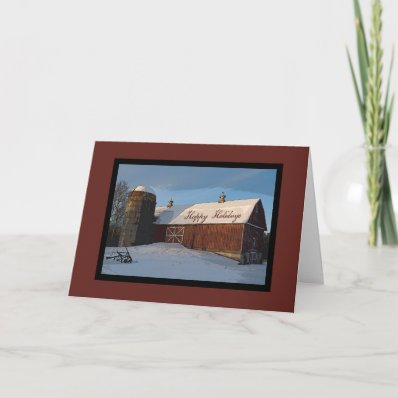 Snow Covered Red Barn Happy Holidays Card