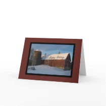 Snow Covered Red Barn Happy Holidays Card